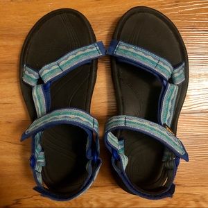 Blue and teal printed TEVA sandals